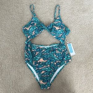 NWT Cupshe one piece bathing suit green/coral tropical print size XXL